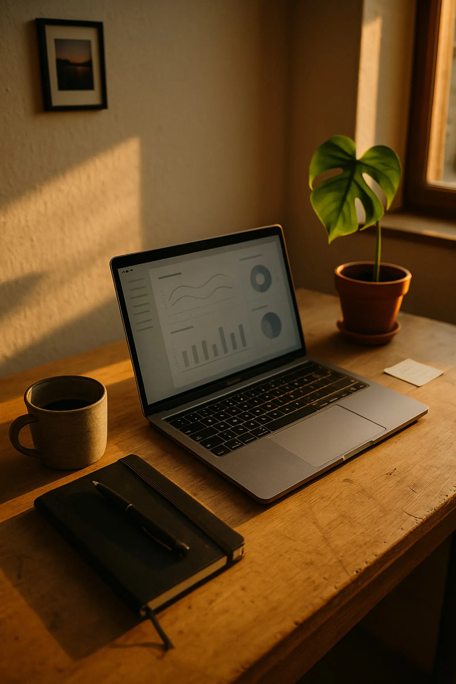 A clean workspace with laptop displaying an AI dashboard, monstera plant beside it, warm natural light